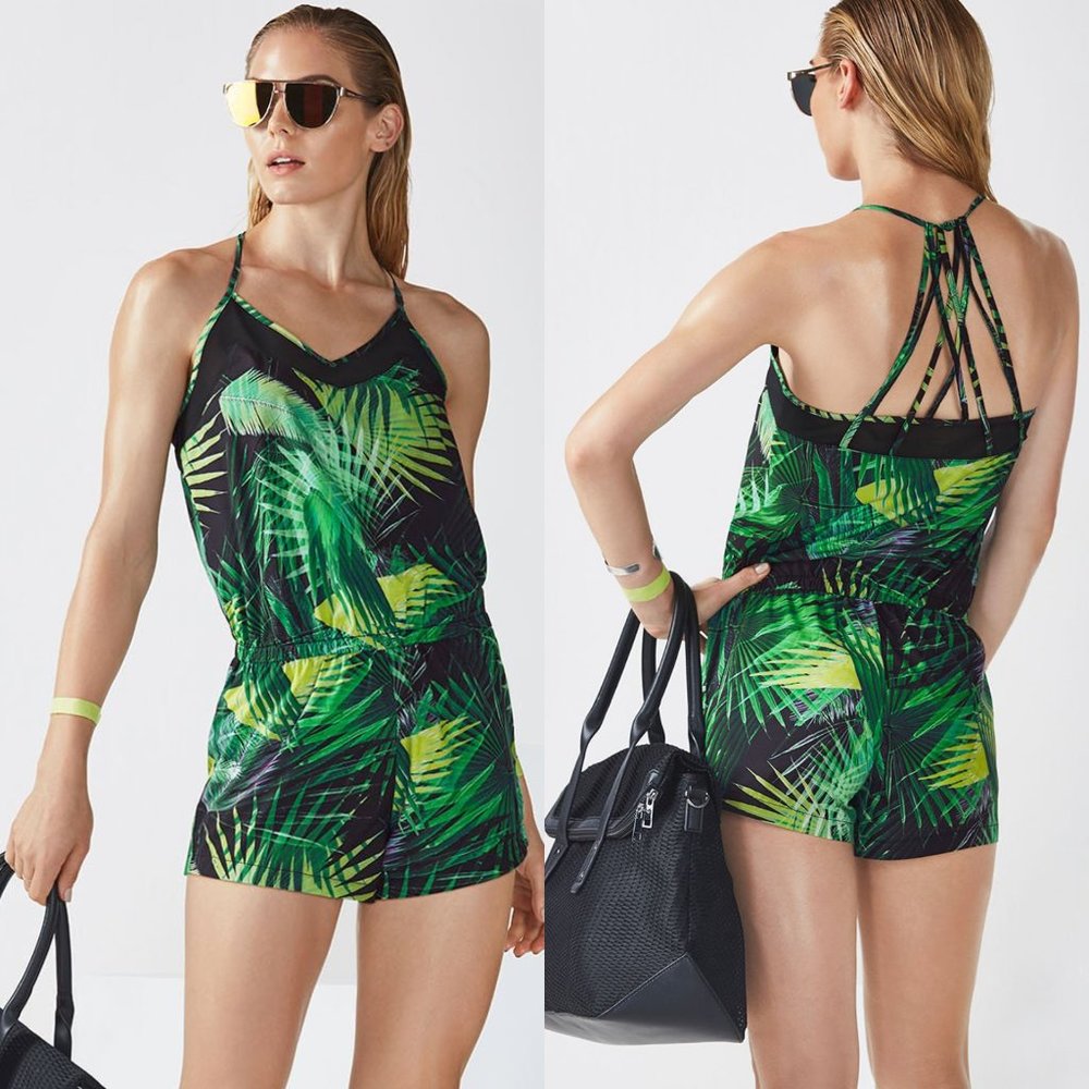 Fabletics Green Tropical Palm Print Strappy Romper